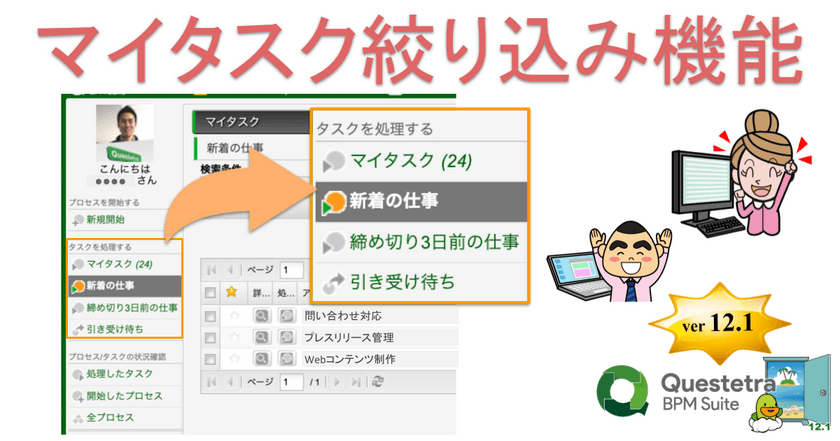 クエステトラ：クラウド型ワークフローv12.1、
優先度の高い仕事の一覧表示