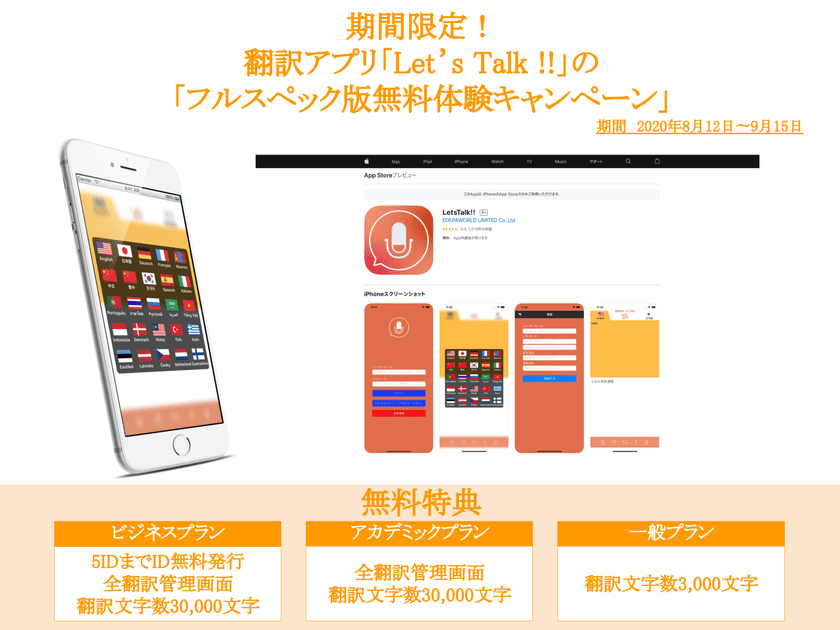 期間限定！25言語翻訳アプリ「Let's Talk!!」は、
「フルスペック版無料体験キャンペーン」を開催