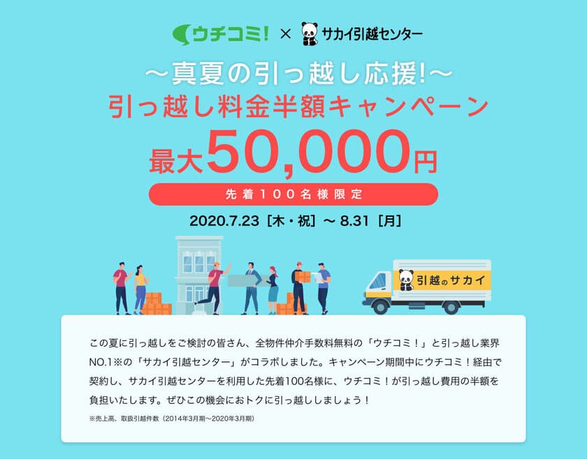 賃貸情報サイト ウチコミ！×サカイ引越センター　
引っ越し料金が半額になる真夏の引っ越し応援キャンペーンを実施
　2020年7月23日より申込受付を開始！