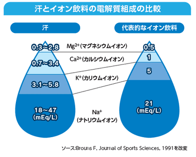 汗とイオン飲料の電解質組成の比較