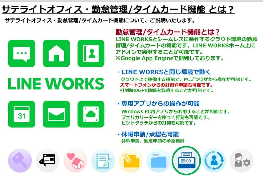 サテライトオフィス、
ビジネス版LINE「LINE WORKS」導入企業向けに、
勤怠管理/タイムカード機能に、
打刻専用端末との連携機能を追加し提供開始