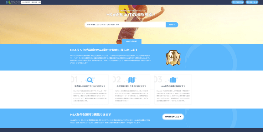M＆A売却案件の横断検索サイト「M＆Aリンク」サービス開始！
日本中のM＆A売却案件が一覧可能、売り手と買い手のマッチング
