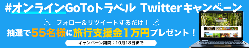 ＜総額55万円をプレゼント！＞オンライン旅行を楽しむ
「#オンラインGoToトラベル Twitterキャンペーン」を
9月18日から期間限定で実施