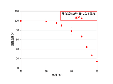 図4. 各温度で15分間熱処理を行った後のCmFUMの残存活性