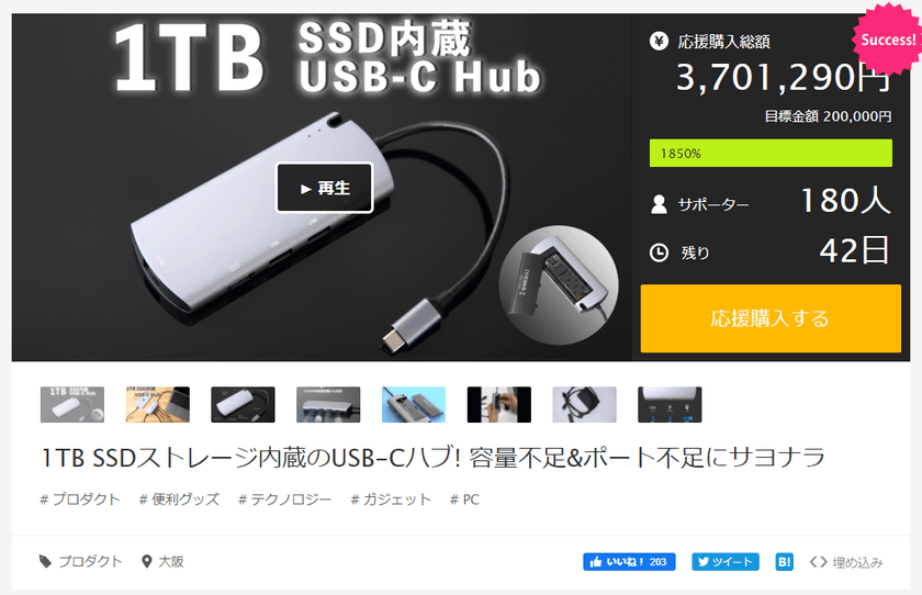 MacBookのポテンシャルをフルに引き出す
1TB SSD内蔵 USB-CハブがMakuakeにて先行予約販売