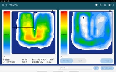 BodiTrak2 Liteで測定した体圧分布の様子(左)と せん断応力の推定の様子(右)