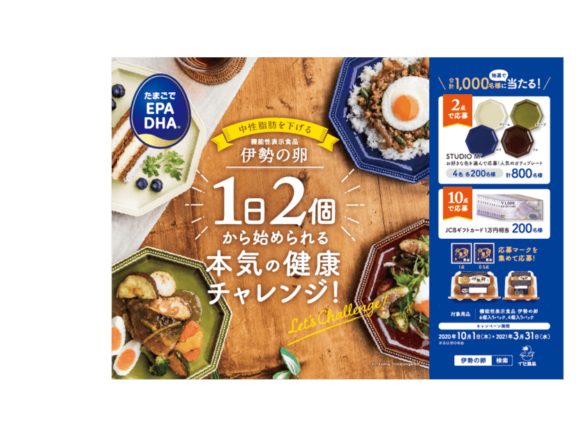 合計1,000名様に抽選で当たる！
『機能性表示食品 伊勢の卵』1日2個から始められる！
本気の健康チャレンジキャンペーン10月1日(木)より開始