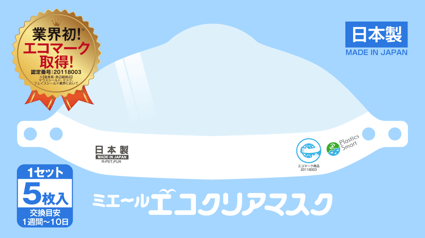 業界初のエコマークを取得した100％日本製のクリアマスク
「ミエールエコクリアマスク」を10月に発売
～プラスチック問題も視野に、リサイクルペットを使用～