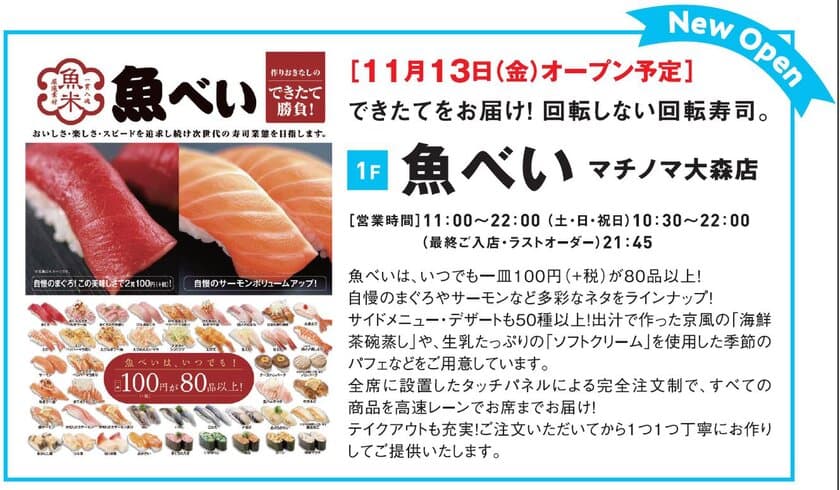 「マチノマ大森」魚べい(寿司)11/13(金)開業予定　
～11/3(火祝)まで「2nd Anniversary」実施中～