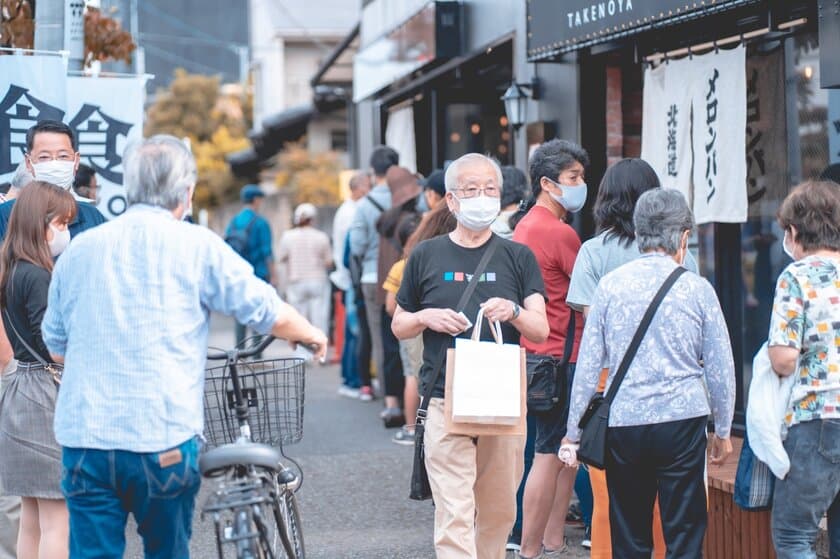 北海道高級食パンを求めて、調布市民が100人の大行列！
オープン後も連日行列し、北海道プレミアム生食パン300本、
「純」北海道メロンパン700個が即完売の大人気