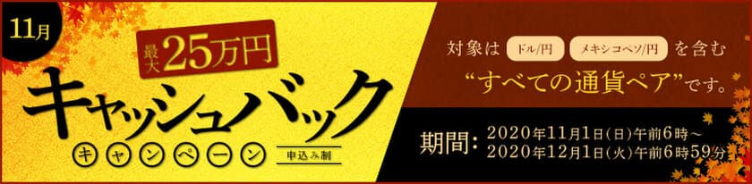 ＦＸプライムｂｙＧＭＯ、
【最大25万円】をキャッシュバック！
すべての通貨ペア対象のキャンペーンを11月1日より開始！