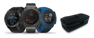 Garminウォッチ 左から「Descent Mk2i」「fenix 6 Pro Dual Power」「Instinct Dual Power」とGarmin×WOOLRICH　マルチ ウォッチケース