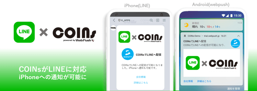 プッシュ通知配信「COINs」がLINEに対応　
LINEを通じてiPhoneへのプッシュ通知配信が可能に