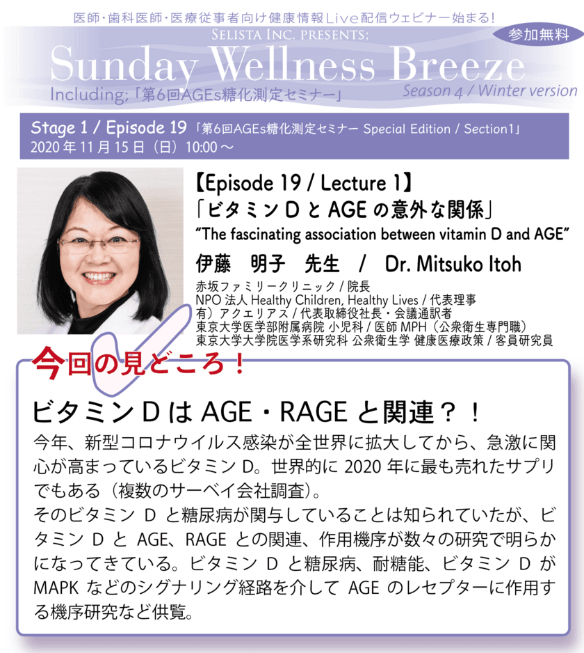 《アンチエイジング・予防医療情報 
無料Live配信Zoomウェビナー！》
『Sunday Wellness Breeze / 第6回AGEs糖化測定セミナー Stage1』
2020年11月15日(日)朝10時～開催！