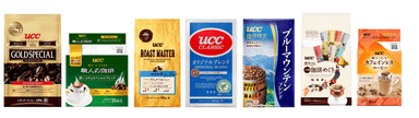 (左から)ＵＣＣゴールドスペシャル、ＵＣＣ職人の珈琲、ＵＣＣ ROAST MASTER、ＵＣＣクラシック、ＵＣＣ珈琲探究、ＵＣＣ旅カフェ、ＵＣＣおいしいカフェインレスコーヒー