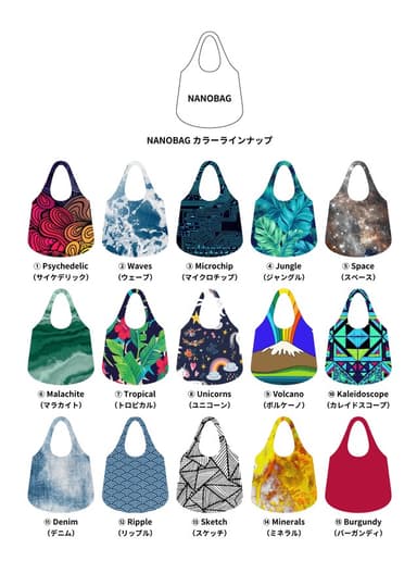 「NANONAG」は新色15絵柄一覧、「NANOBAG micro」は内6絵柄を採用