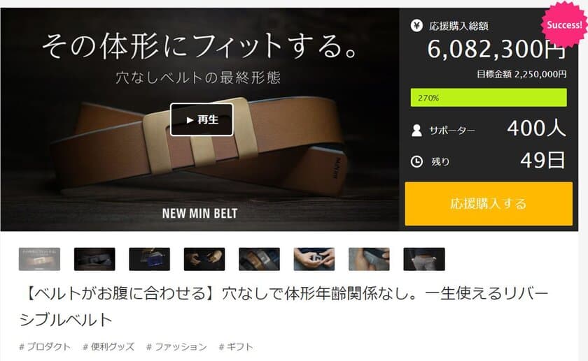 ゴルファーに大人気！Makuakeにて販売の
“どんな体系にもフィット！穴のないベルト”「NEW MIN BELT」
　サポーター400名超、支援金額600万円を突破！