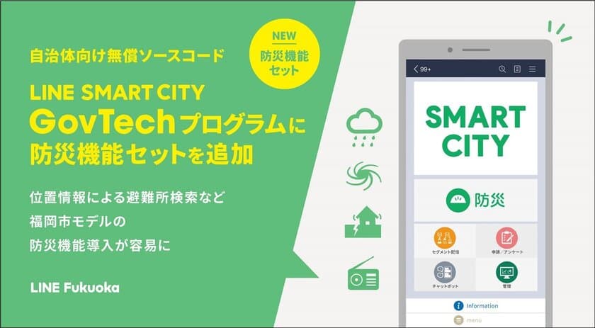 福岡市LINE公式アカウントモデルの機能ソースコードを
全国の自治体向けに無償提供する
「LINE SMART CITY GovTechプログラム」に
防災機能セットを追加