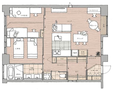 1位：廊下を取り込み2方からつながる大空間へ。和室3部屋の間取りが大変身したマンションリノベ (ハンズデザイン一級建築士事務所)間取り図