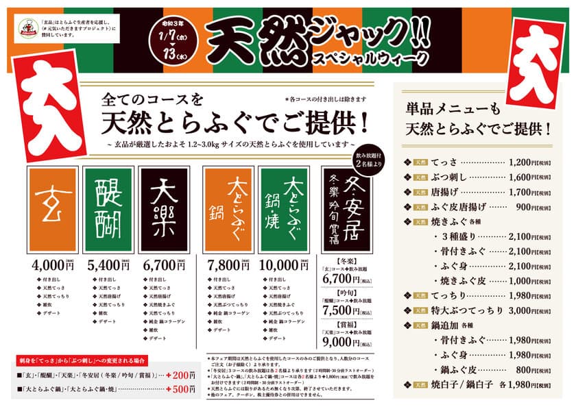 とらふぐ専門店 玄品、下関の新年とらふぐ初競りで
最高値15,000円の巨大天然とらふぐ総量600kgを落札！
通常料金で天然とらふぐを提供する
「天然ジャックとらふぐスペシャルウィーク」を1月7日より開催