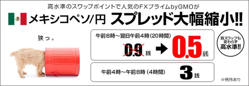 ＦＸプライムｂｙＧＭＯ、
人気の高金利通貨メキシコペソ/円スプレッドを大幅縮小！※　
～中長期運用だけでなく、
短期トレードもさらにお取引しやすくなりました！～