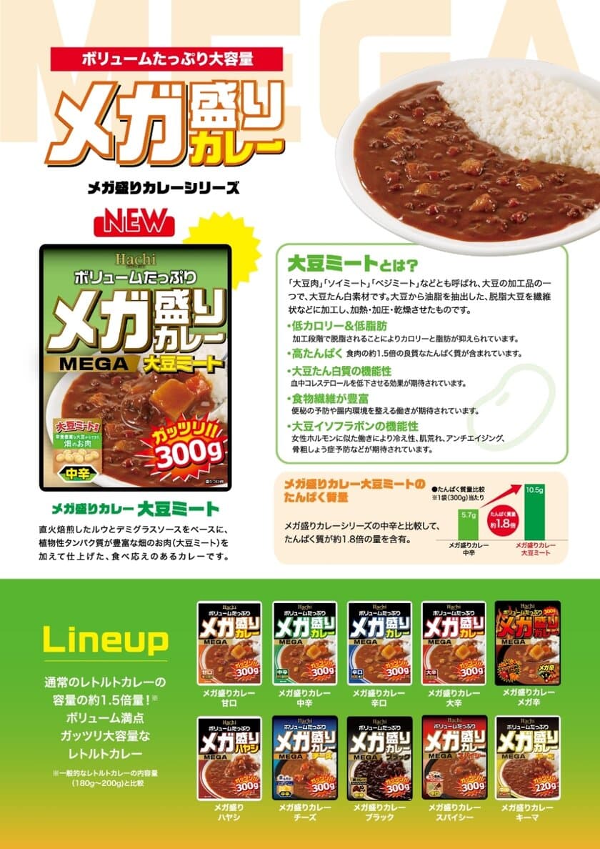 『メガ盛りカレー』シリーズに新商品が登場！
植物性タンパク質が豊富な畑のお肉を使用した
「大豆ミート」カレーを2021年2月22日に発売！