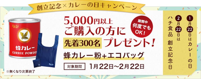 カレーの日(1/22)＆ハチ食品創立記念日(2/22)を記念し
1ヶ月間限定のプレゼントキャンペーンを実施