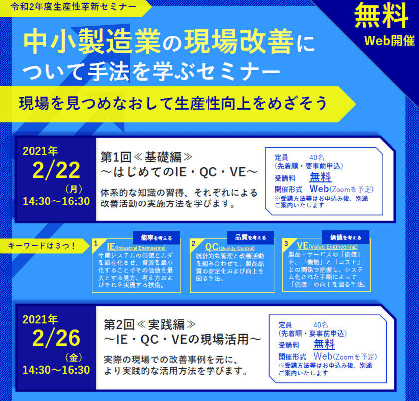 『中小製造業の現場改善について手法を学ぶセミナー』
2/22基礎編・2/26実践編の2回、無料Web開催