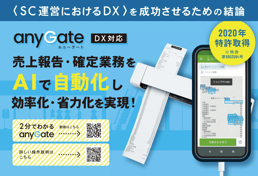 SC売上報告・確定業務をAIで自動化！
ショッピングセンターのDX化を実現する
「anyGate(エニーゲート)」を2021年3月リリース