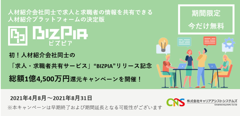 業界初！人材紹介会社同士の
「求人・求職者共有サービス」“BIZPIA”リリース記念　
総額1億4,500万円還元キャンペーンを開催！