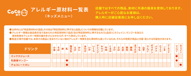 アレルギー原材料一覧表