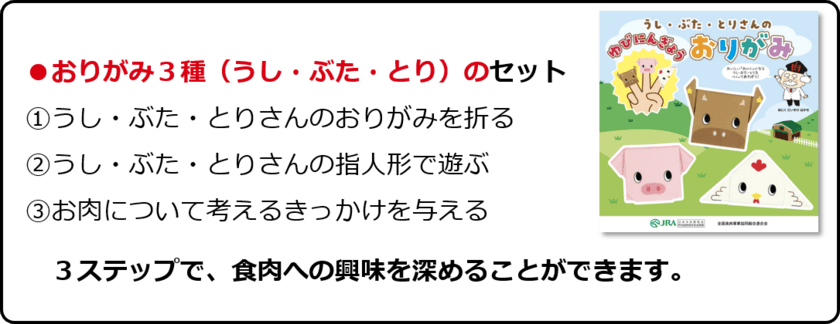 成長期をむかえる「子ども」をターゲットにした食育資材
「うし・ぶた・とりさんのゆびにんぎょうおりがみ」の提供を開始