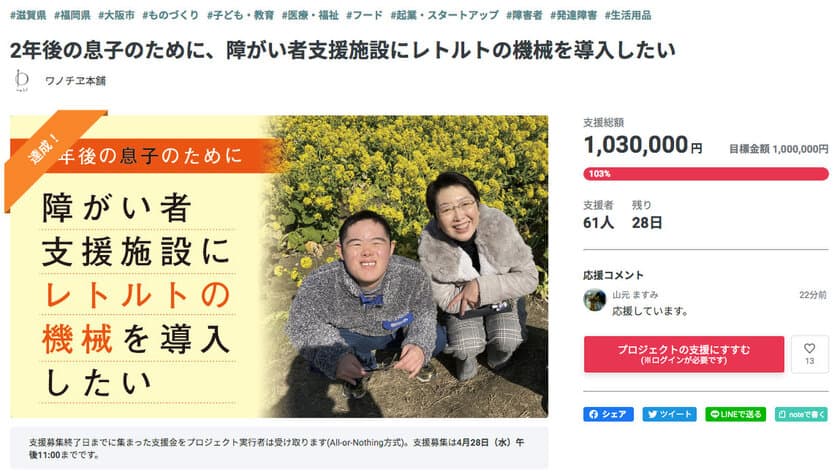 目標金額100万円を達成！そしてネクストゴール200万円へ　
障がい者支援施設にレトルト食品製造設備を
導入するためのクラウドファンディングプロジェクト