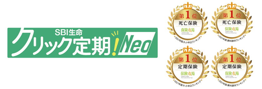 SBI生命 保険市場　
「2021年版 昨年最も選ばれた保険ランキング」にて
「クリック定期！Neo」と「働く人のたより」が第1位を獲得