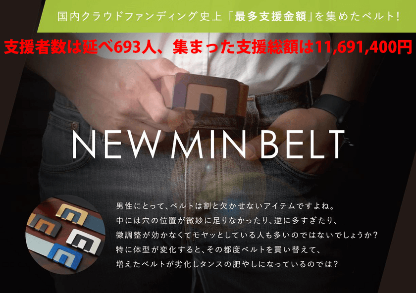 国内クラウドファンディング史上「最多支援金額」を集めたベルト！
どんな体系にもフィットする「NEW MIN BELT」　
4月13日よりクラウドファンディングCAMPFIREにて販売開始