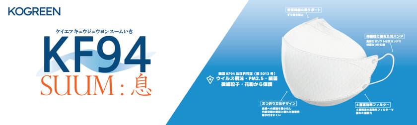 約50万枚を販売した話題の韓国マスクに新シリーズが登場！
世界が注目するKF94認証マスク
「KF94 SUUM：息(ホワイト・ブラック)」