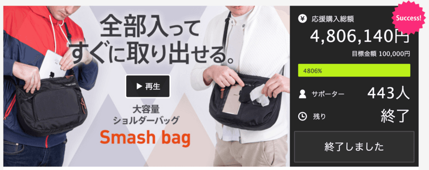 【目標金額1,264％達成！】多機能ショルダーバッグ
「Smash bag(スマッシュバッグ)」が
日本最大級クラウドファンディングのCAMPFIREで
先行予約販売中(5/30まで)！