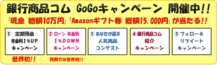 日本で唯一・全国規模による
銀行商品の総合比較サイト「銀行商品コム」　
☆世界初【定期預金利息を年1％加算】
★民間では世界初【ローン利子を年1％補給】の
キャンペーンを開催