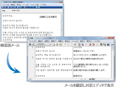 メールを翻訳し対訳エディタで表示