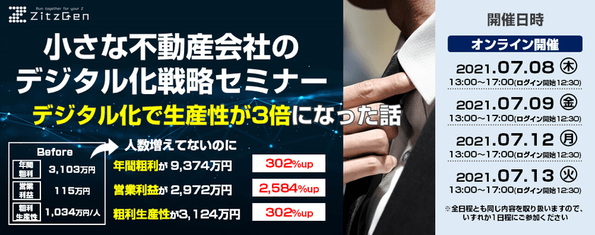 デジタル活用で儲かるようになった不動産会社の事例解説
『小さな不動産会社のデジタル化戦略セミナー』
7月8日より順次開催