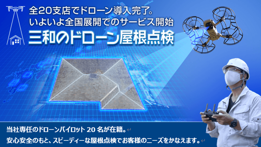 戸建住宅向けドローン屋根点検300棟突破！
外壁・屋根の塗装リフォームを手掛ける『三和ペイント』が
全20支店でドローン導入完了。いよいよ全国展開のサービス開始