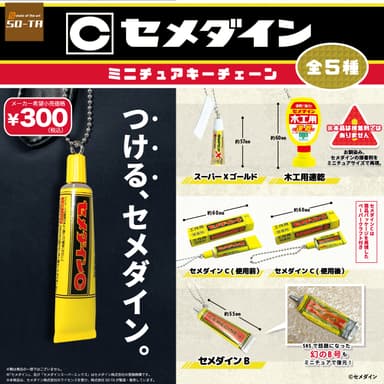 ↑SO-TAの新商品「(C)セメダインミニチュアキーチェーン」全5種類　価格300円(税込)/1回