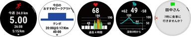 左からランニング機能、おすすめワークアウト(Lite)、心拍数、Body Battery、通知機能