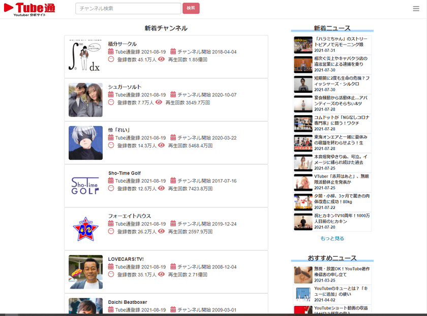 Youtubeチャンネルのデータ解析ができるWebサイト
「Tube通」をウェブスタイルが開設