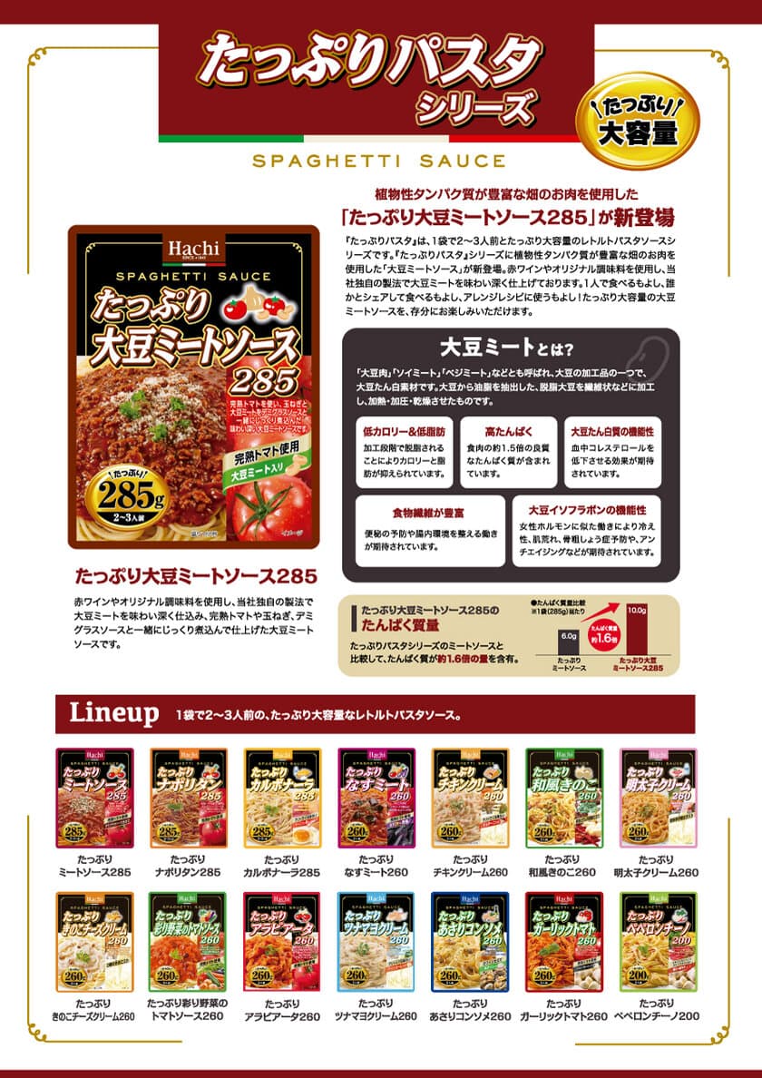 『たっぷりパスタ』シリーズに新商品が登場！
植物性タンパク質が豊富な畑のお肉を使用した
「たっぷり大豆ミートソース285」を2021年8月2日に発売！