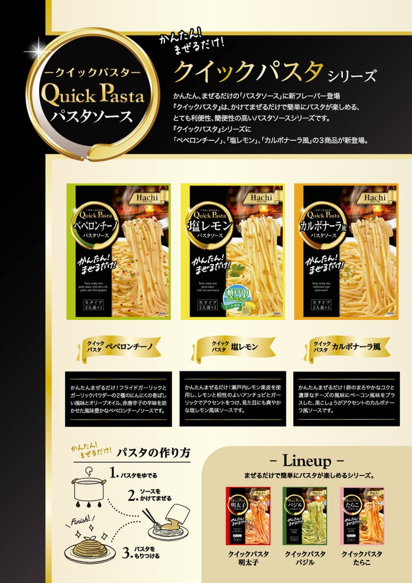 かんたん！まぜるだけ！
『クイックパスタ』シリーズより「ペペロンチーノ」
「カルボナーラ風」「塩レモン」が2021年8月2日に発売！