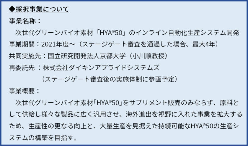 NOSTER、HYA50の生産システム開発について
NEDO事業に採択