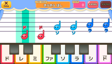 流れる音符に合わせて鍵盤を叩く遊び