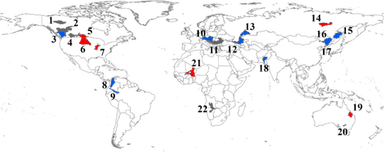 図2　地球温暖化による過去の洪水の生じやすさ 2010年から2013年に生じた大規模な洪水のうち、過去の地球温暖化で生じやすさが増加したものが青、赤が減少、灰色が有意な変化がなかった流域　Hirabayashi et al.&#44; 2021b