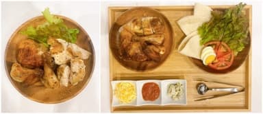 店内メニューの一例(左：グレイトチキン(半匹)、右：グレチキセット)